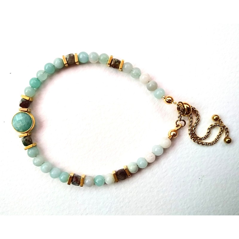 Bracelet mix gemmes: amazonite et chrysocolle Lagon, création Martine Portelli, Marseille