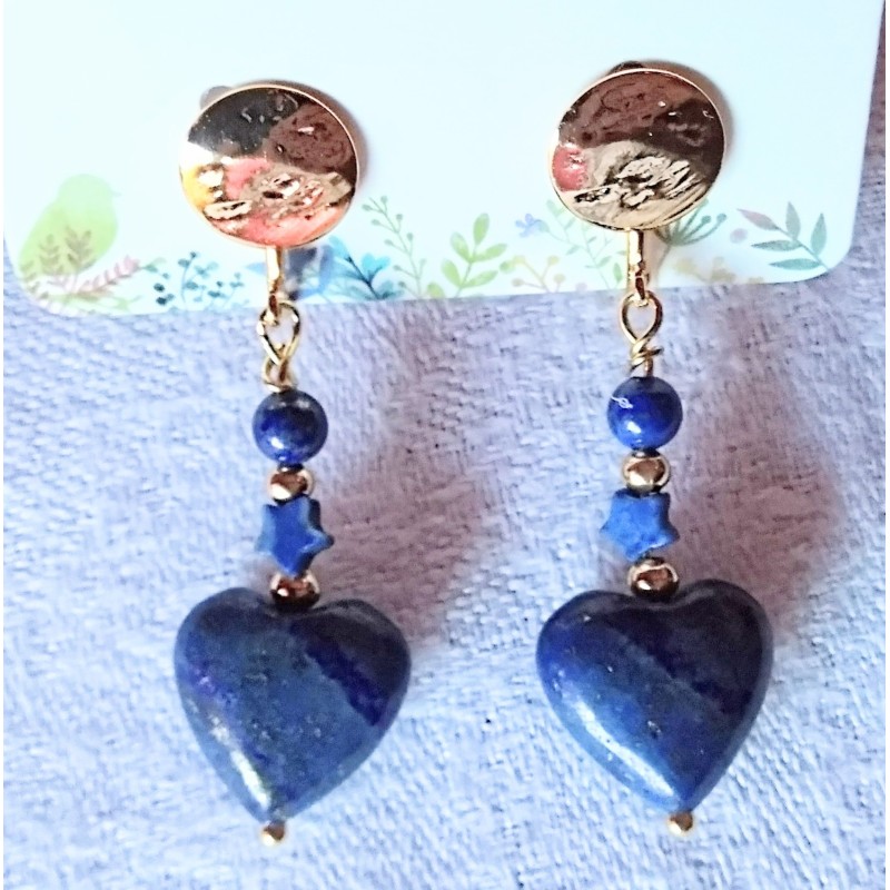 Boucles d'oreilles clips en lapis lazuli COEURS ETOILES, création Martine Portelli, Marseille