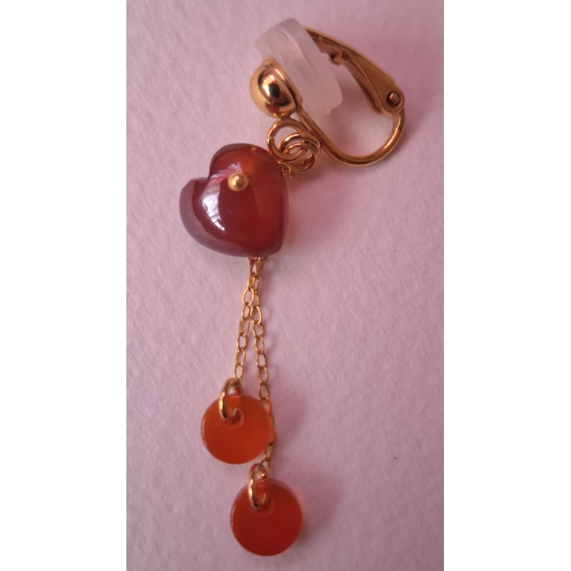 Boucles d'oreilles clips en Agate rouge COEURS GRENADINE, création Martine Portelli