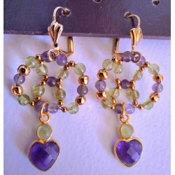 Collection Dentelles de Perles: boucles d'oreilles Péridot et améthyste, COEURS LAVANDE