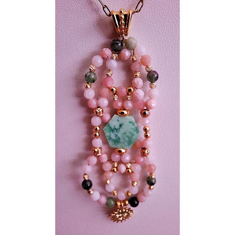 Collection Dentelles de Perles: Pendentif chrysophase, opale rose et rubis zoïsite SOLEIL TENDRE