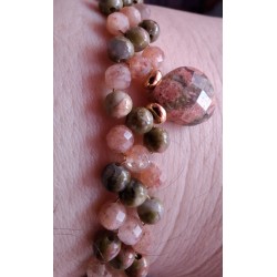 Collection Dentelles de Perles: bracelet unakite et pierre de soleil SOLEIL ROSE