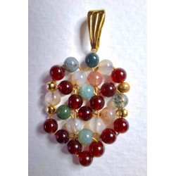 Collection Dentelles de perles: Pendentif en agate indienne et cornaline FRAISE, création Martine Portelli, Marseille