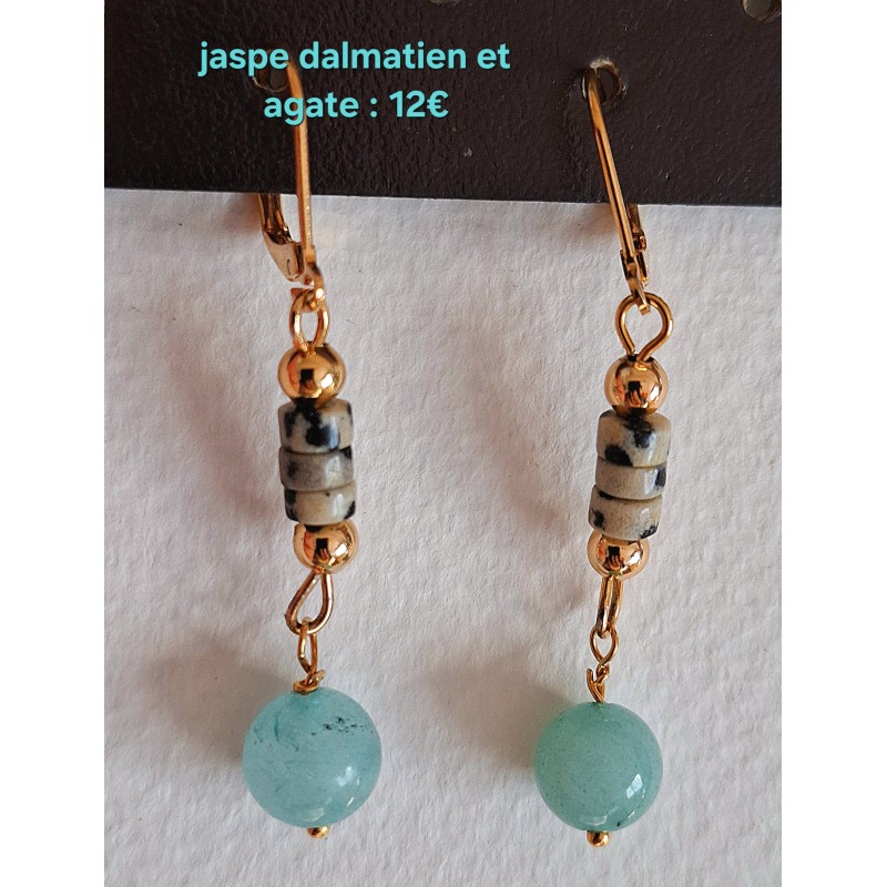 Dormeuses en jaspe dalmatien et agate Douceur, création Martine Portelli