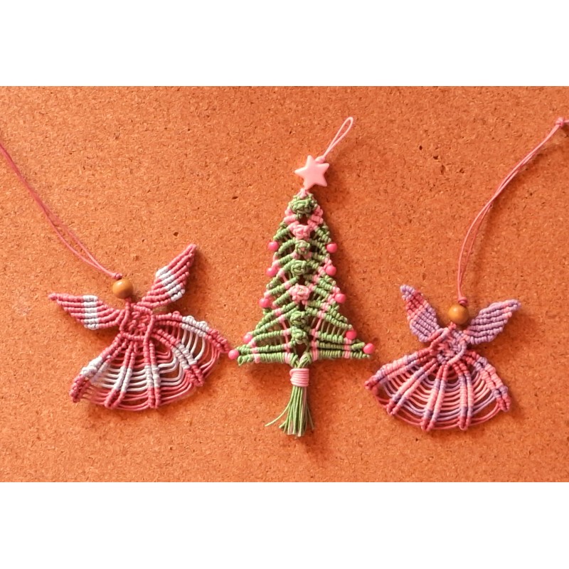 Lot de 3 décorations de Noël en macramé de coton ciré Rose Lot de 3 décorations de Noël en macramé de coton ciré Rose