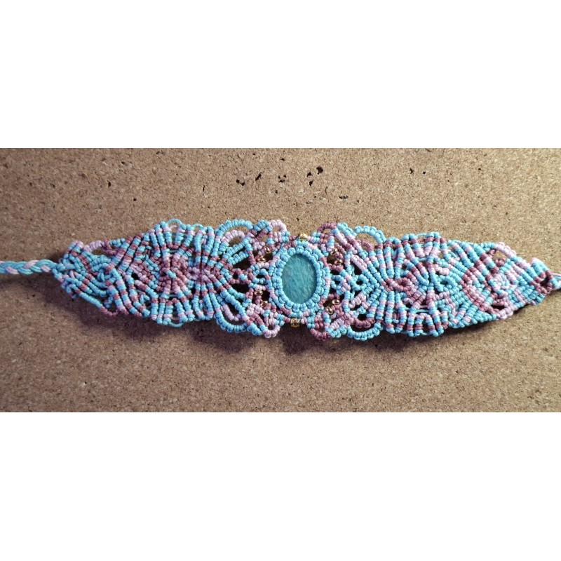 Manchette ajustable en macramé de coton ciré et Amazonite zébrée Lilou