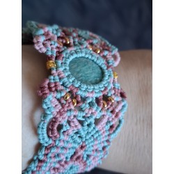 Manchette ajustable en macramé de coton ciré et Amazonite zébrée Lilou