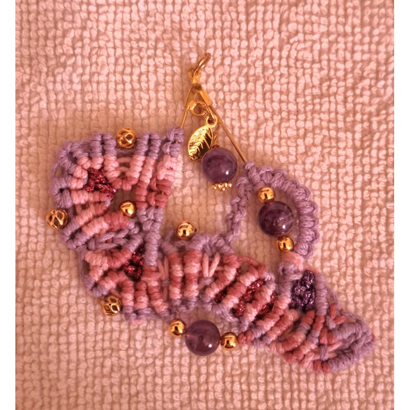 Pendentif en macramé de coton, soie et améthystes Lilas 2