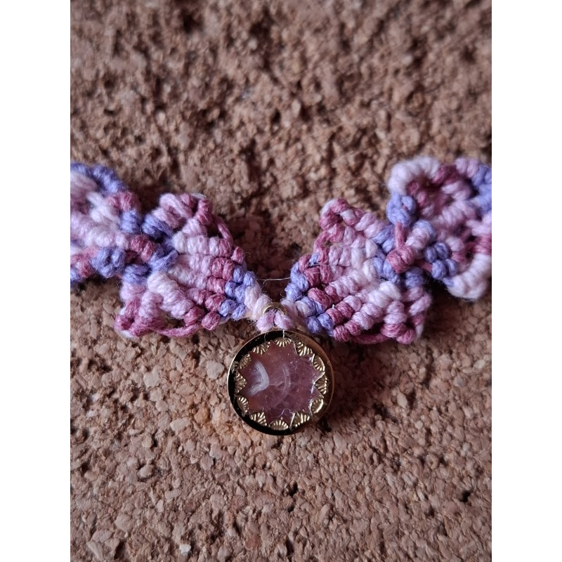 Ras du cou en macramé de coton ciré et rhodochrosite Rose Inca