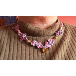 Ras du cou en macramé de coton ciré et rhodochrosite Rose Inca