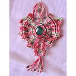 Pendentif micro macramé de coton , onyx vert et aventurine Melon d'eau